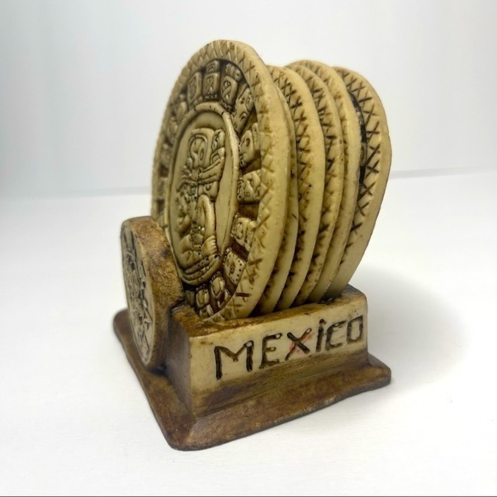 Aztec Mayan Souvenir Coaster Set Mexico Mayan Calendar Set Of 6 With Holder